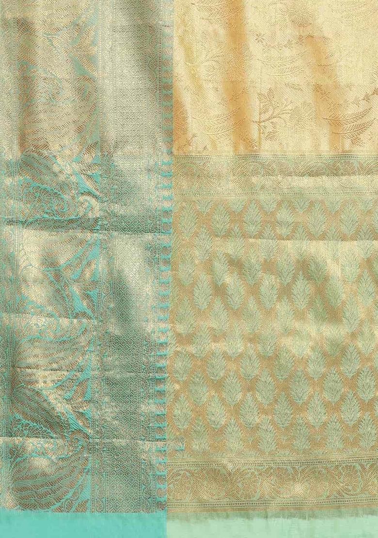 Beige Zari Work Silk Saree Set - Indya