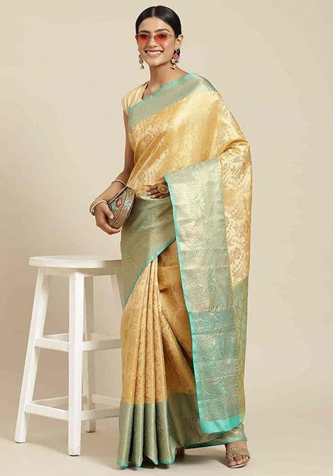 Beige Zari Work Silk Saree Set