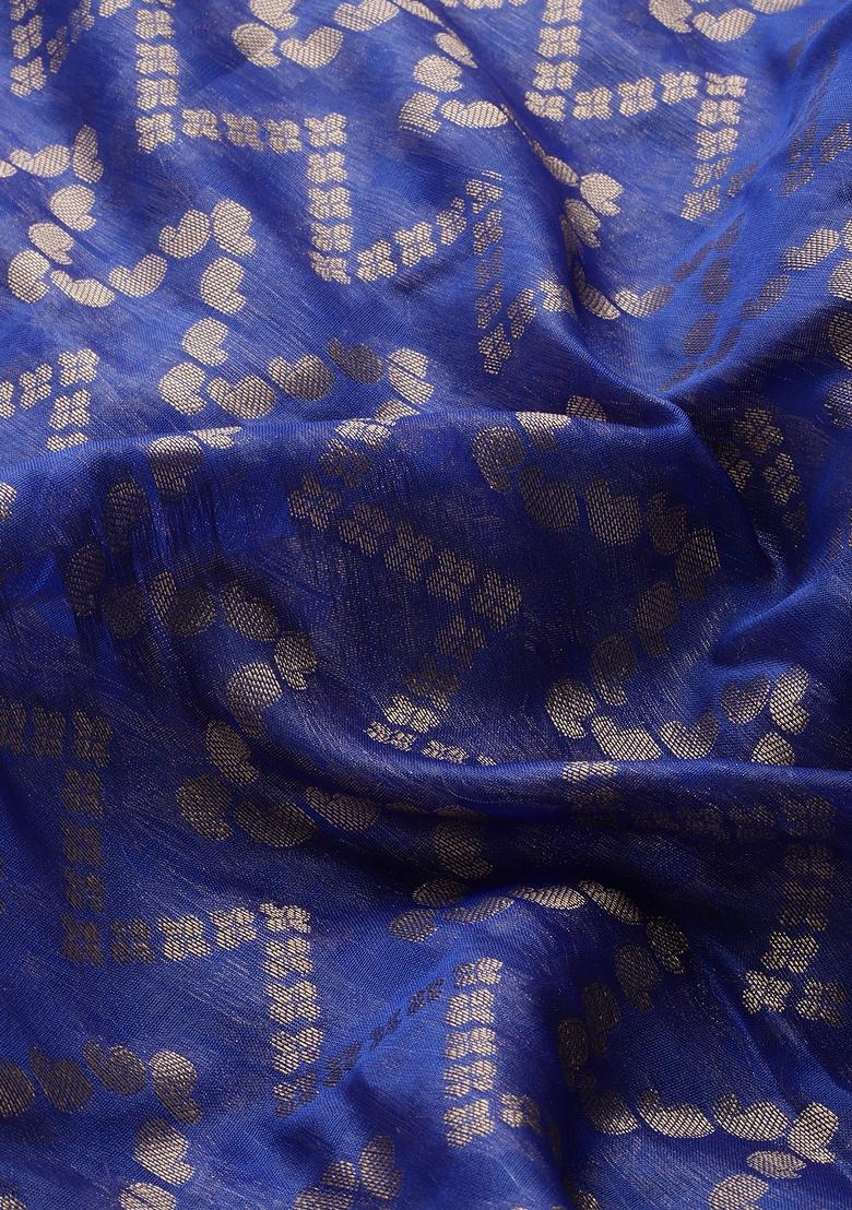 Navy Blue Zari Work Silk Saree Set - Indya