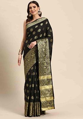 Black Embroidered Silk Saree Set