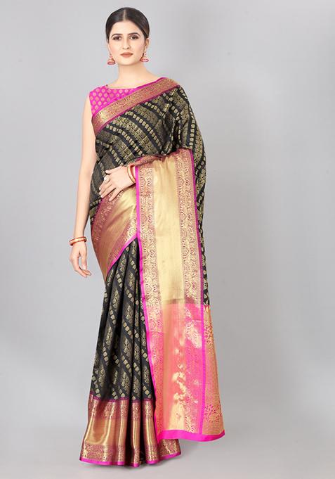 Black Embroidered Silk Saree Set