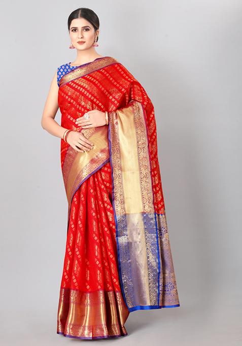 Red Embroidered Silk Saree Set