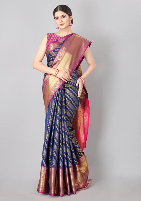 Navy Blue Embroidered Silk Saree Set