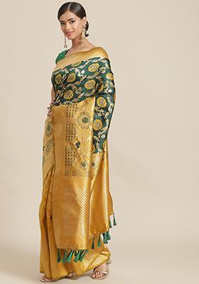 Mustard Yellow Woven Silk Saree Set