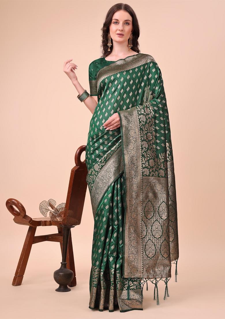Green Zari Work Silk Saree Set - Indya
