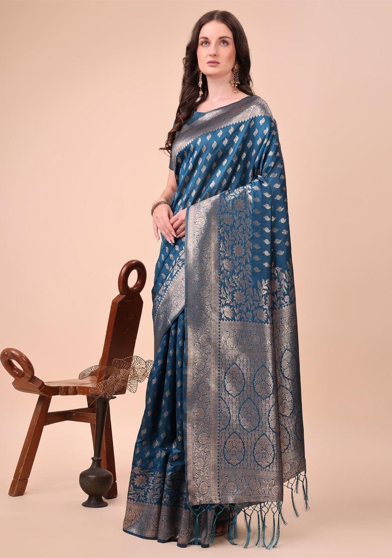 Blue Zari Work Silk Saree Set - Indya