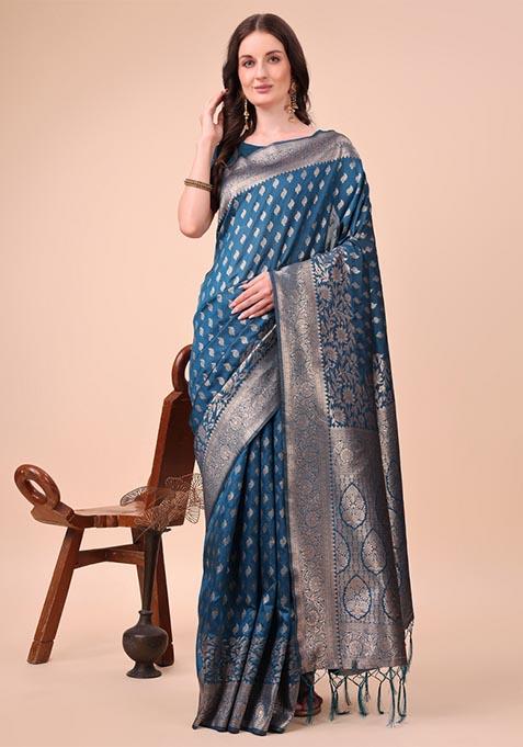 Blue Zari Work Silk Saree Set