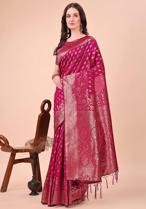 Magenta Zari Work Silk Saree Set