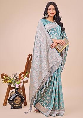 Teal Blue Zari Work Cotton Saree Set