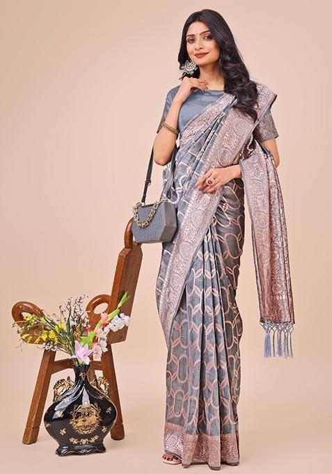 Grey Zari Work Cotton Saree Set