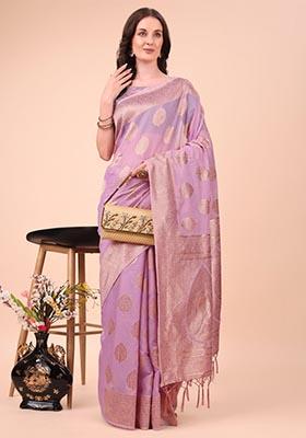 Light Pink Zari Work Cotton Saree Set