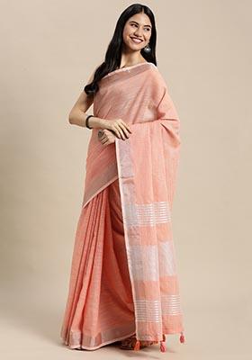 Peach Zari Work Cotton Saree Set
