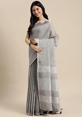 Grey Zari Work Cotton Saree Set