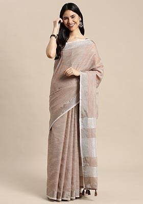 Brown Zari Work Cotton Saree Set
