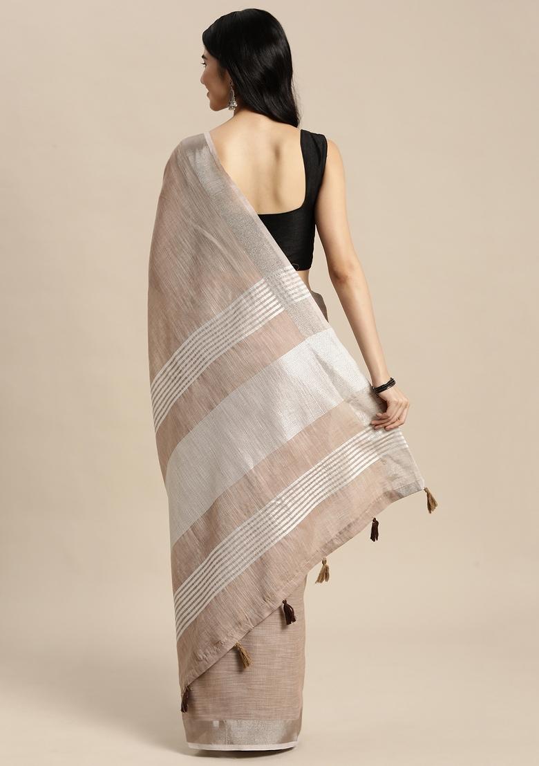 Brown Zari Work Cotton Saree Set - Indya