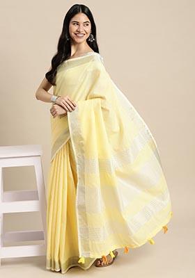 Yellow Zari Work Cotton Saree Set