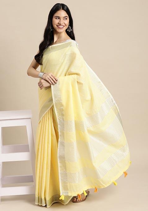 Yellow Zari Work Cotton Saree Set