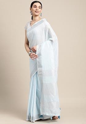 Sky Blue Zari Work Cotton Saree Set