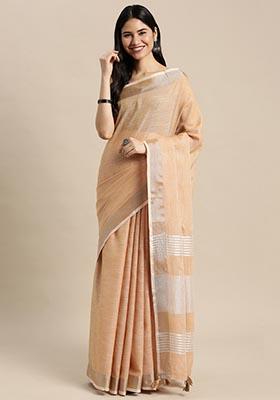 Tan Orange Zari Work Cotton Saree Set
