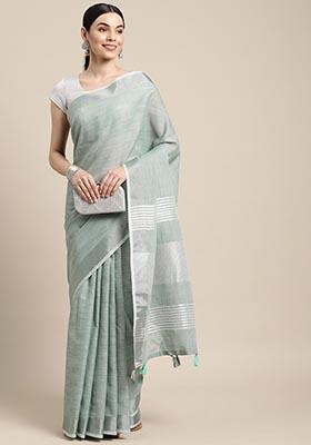 Sea Green Zari Work Cotton Saree Set