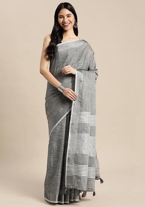 Dark Grey Zari Work Cotton Saree Set