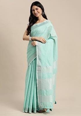 Turquoise Blue Zari Work Cotton Saree Set