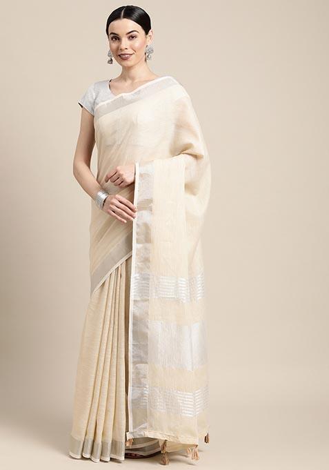 Beige Zari Work Cotton Saree Set