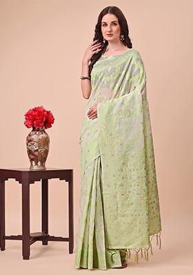 Light Green Zari Work Cotton Saree Set