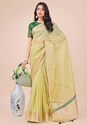Light Green Zari Work Organza Saree Set