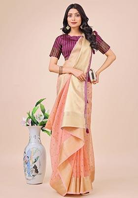 Light Pink Zari Work Organza Saree Set