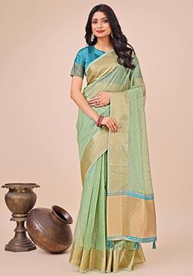 Green Zari Work Organza Saree Set