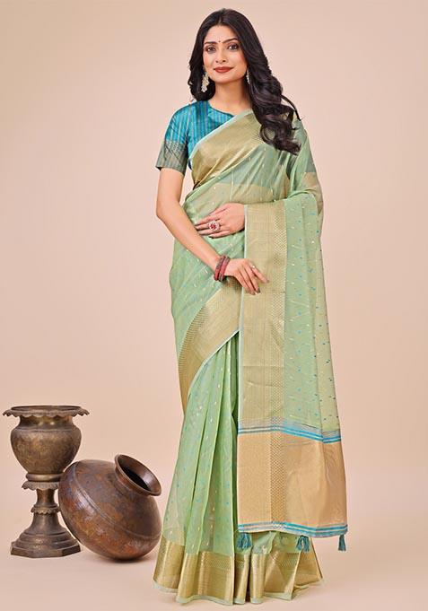 Green Zari Work Organza Saree Set