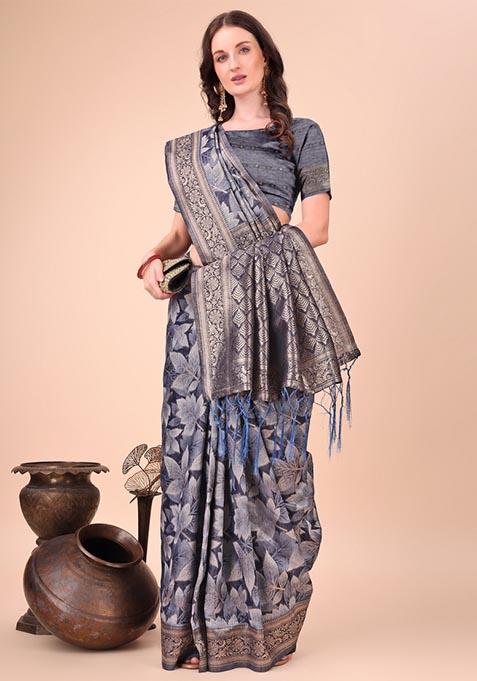 Navy Blue Zari Work Cotton Saree Set