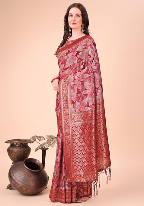 Red Zari Work Cotton Saree Set