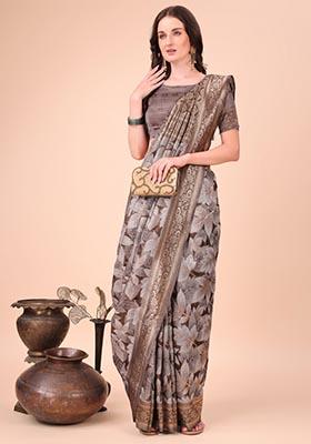 Brown Zari Work Cotton Saree Set