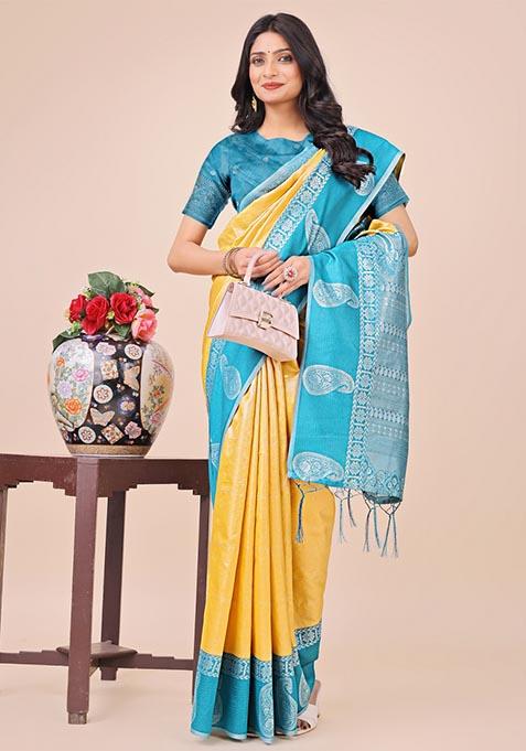 Yellow Zari Work Cotton Saree Set