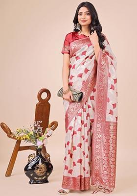 Maroon Zari Work Cotton Saree Set