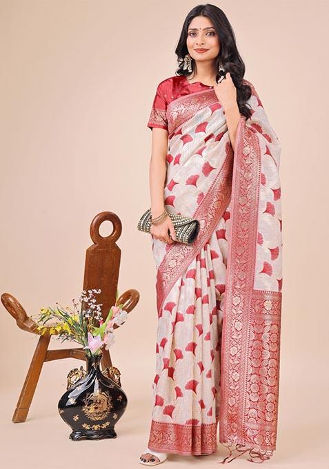 Maroon Zari Work Cotton Saree Set