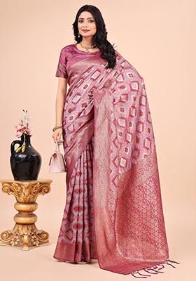 Pink Zari Work Cotton Saree Set