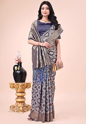 Navy Blue Zari Work Cotton Saree Set