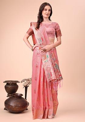 Pink Zari Work Cotton Saree Set