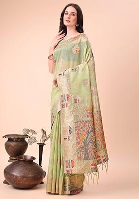 Light Green Zari Work Cotton Saree Set