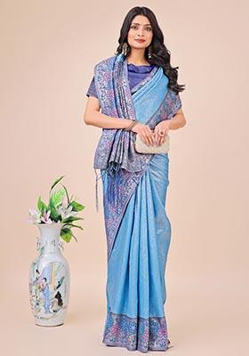Sky Blue Zari Work Silk Saree Set