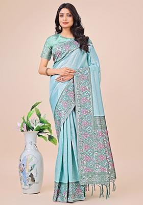 Teal Blue Zari Work Silk Saree Set
