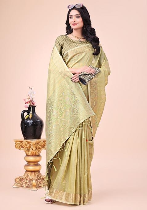 Olive Green Zari Work Organza Saree Set