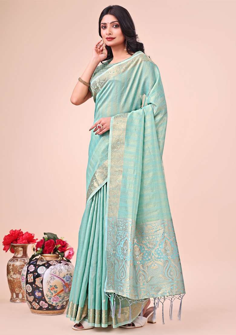 Teal Blue Zari Work Organza Saree Set - Indya