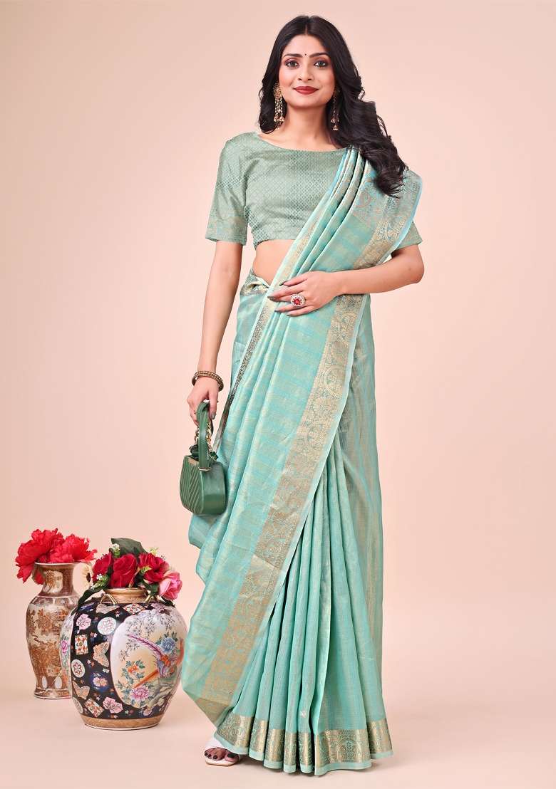 Teal Blue Zari Work Organza Saree Set - Indya