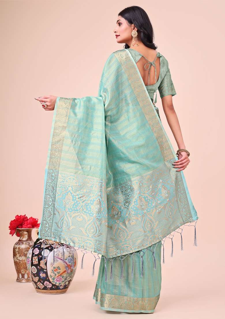 Teal Blue Zari Work Organza Saree Set - Indya