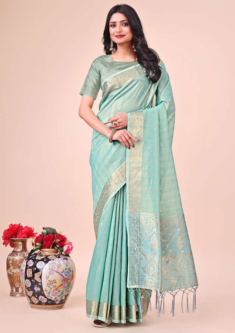 Teal Blue Zari Work Organza Saree Set - Indya