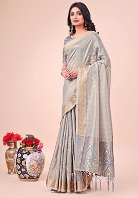 Grey Zari Work Organza Saree Set